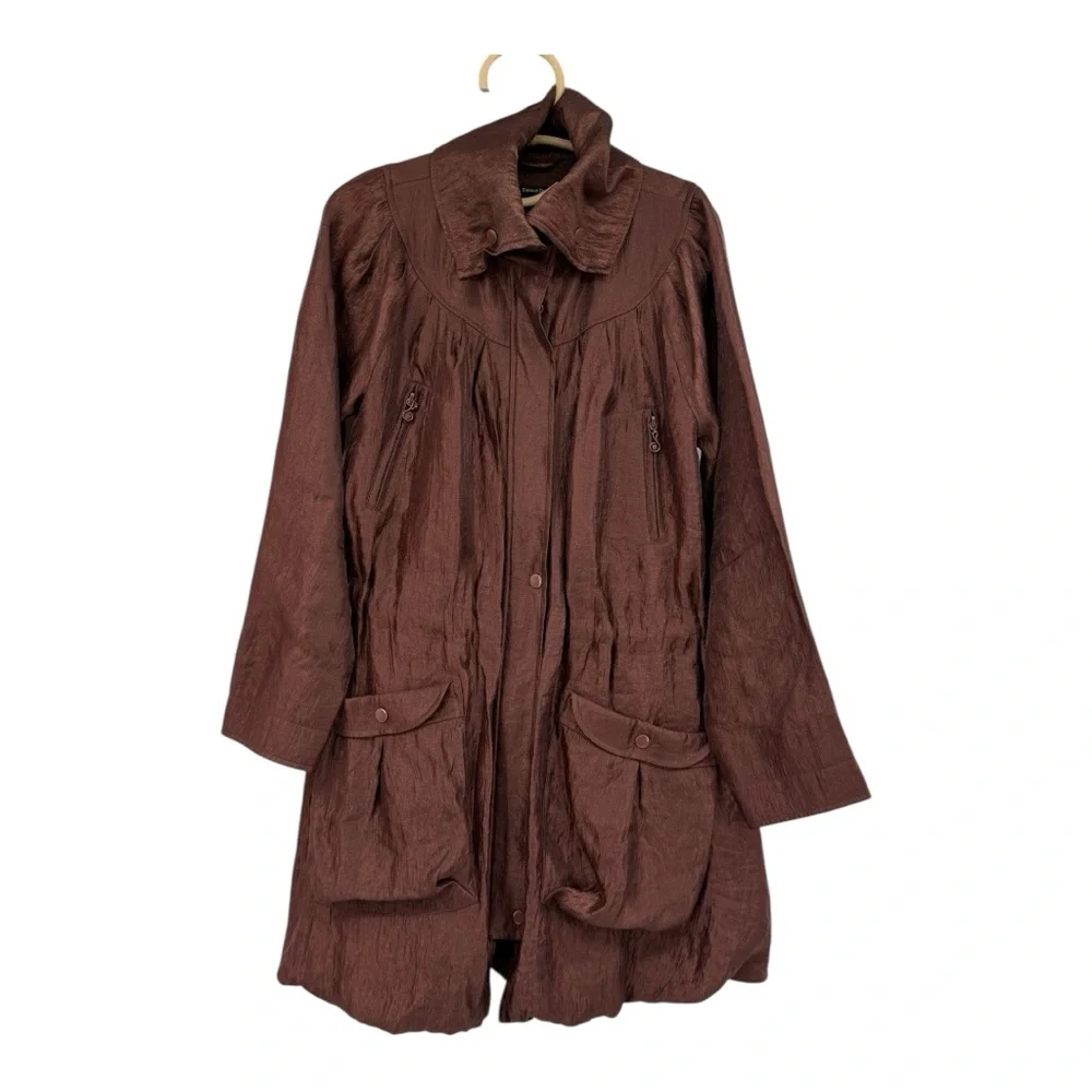 Samuel Dong Brown Shimmer Bubble Hem High Collar Small Dark Brown Outerwear Coat - Picture 7 of 17
